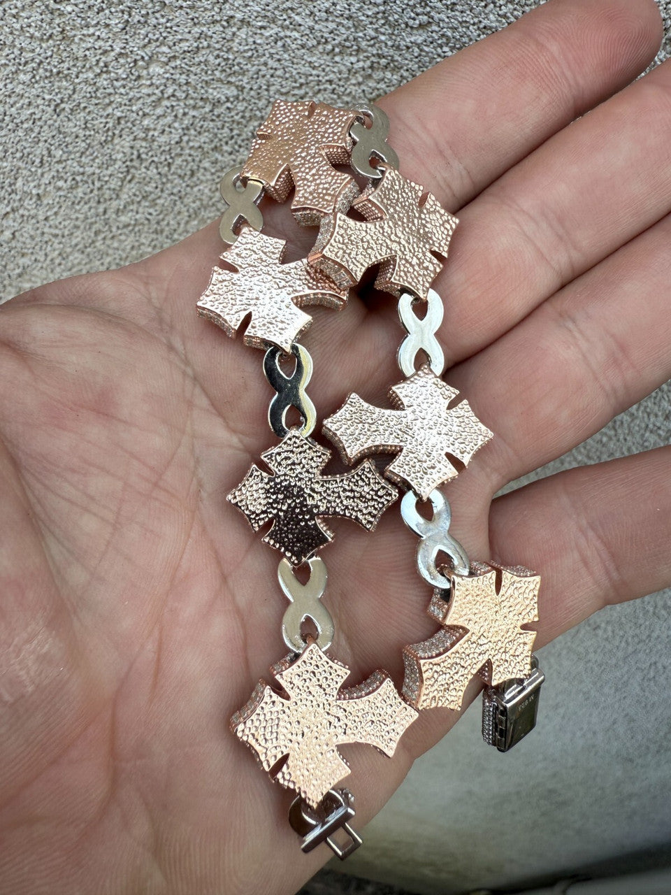 MOISSANITE Eternity 3D Cross Link Bracelet Iced Out - 14k Rose Gold Vermeil & 925 Silver - 24mm - 7.25"-9.25"