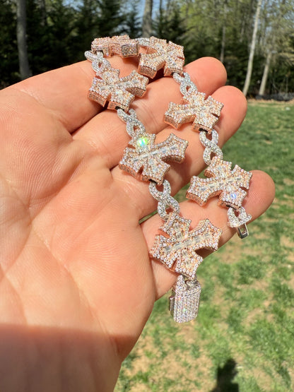 MOISSANITE Eternity 3D Cross Link Bracelet Iced Out - 14k Rose Gold Vermeil & 925 Silver - 24mm - 7.25"-9.25"