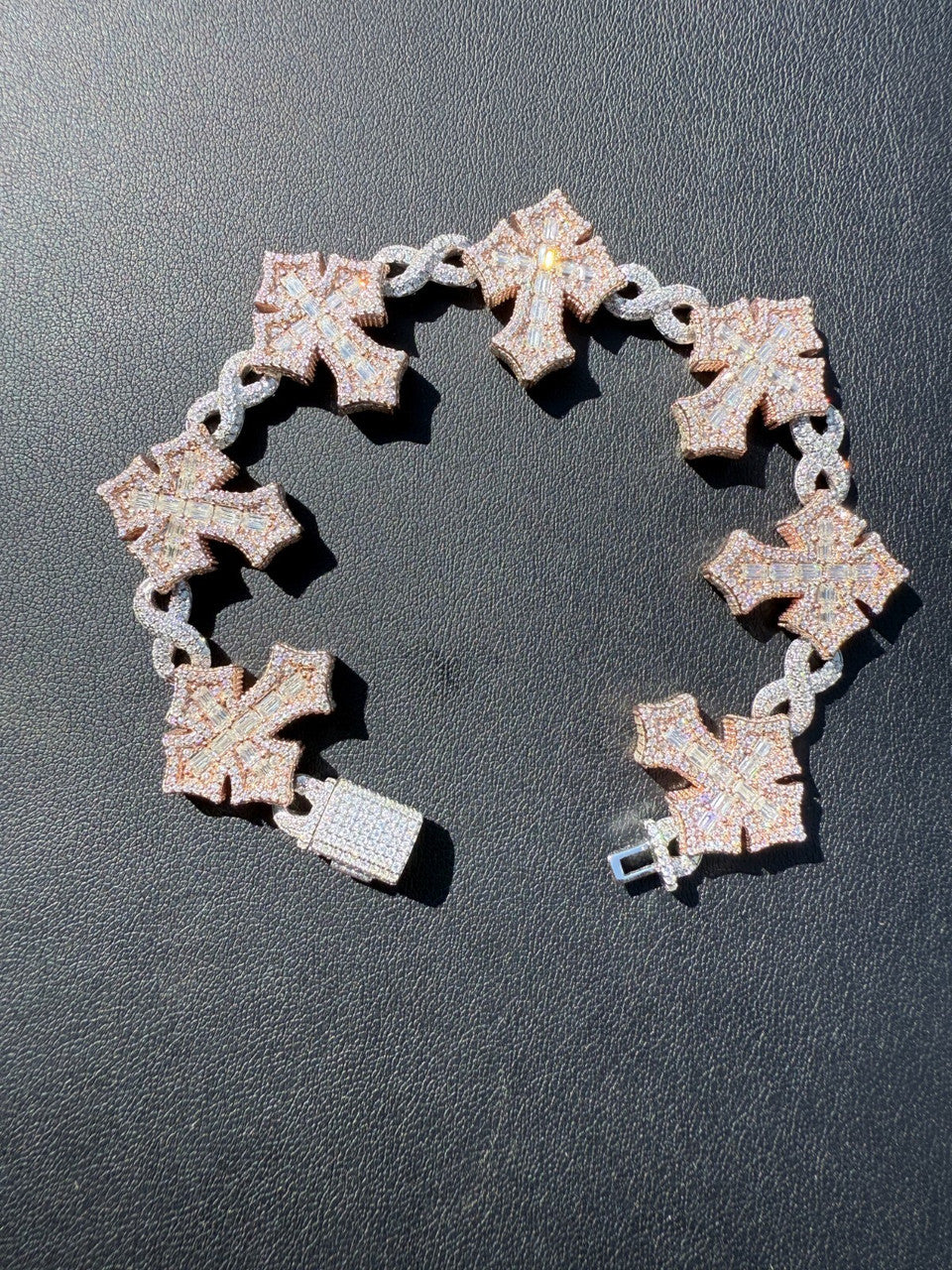 MOISSANITE Eternity 3D Cross Link Bracelet Iced Out - 14k Rose Gold Vermeil & 925 Silver - 24mm - 7.25"-9.25"