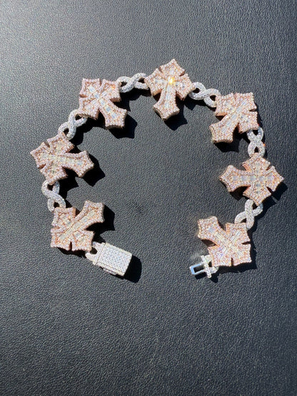 MOISSANITE Eternity 3D Cross Link Bracelet Iced Out - 14k Rose Gold Vermeil & 925 Silver - 24mm - 7.25"-9.25"