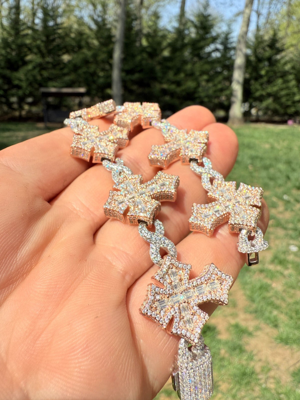 MOISSANITE Eternity 3D Cross Link Bracelet Iced Out - 14k Rose Gold Vermeil & 925 Silver - 24mm - 7.25"-9.25"