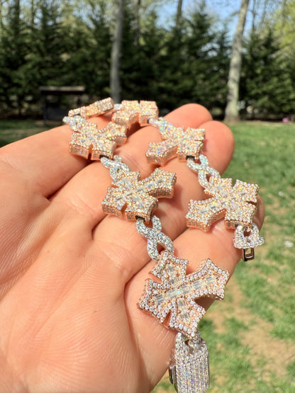 MOISSANITE Eternity 3D Cross Link Bracelet Iced Out - 14k Rose Gold Vermeil & 925 Silver - 24mm - 7.25"-9.25"