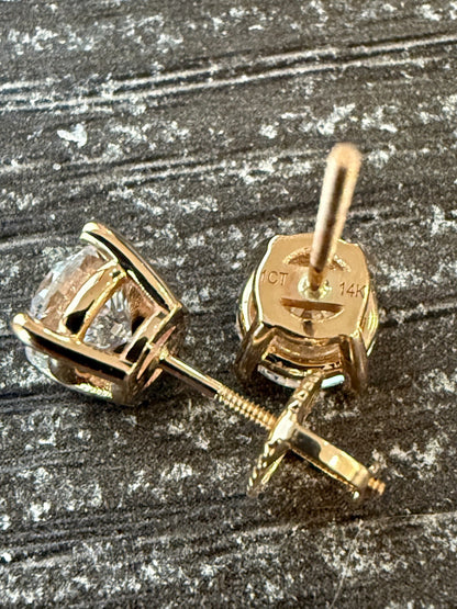 2ct Real DIAMOND Stud Earrings - 14k Yellow Gold - 6.5mm