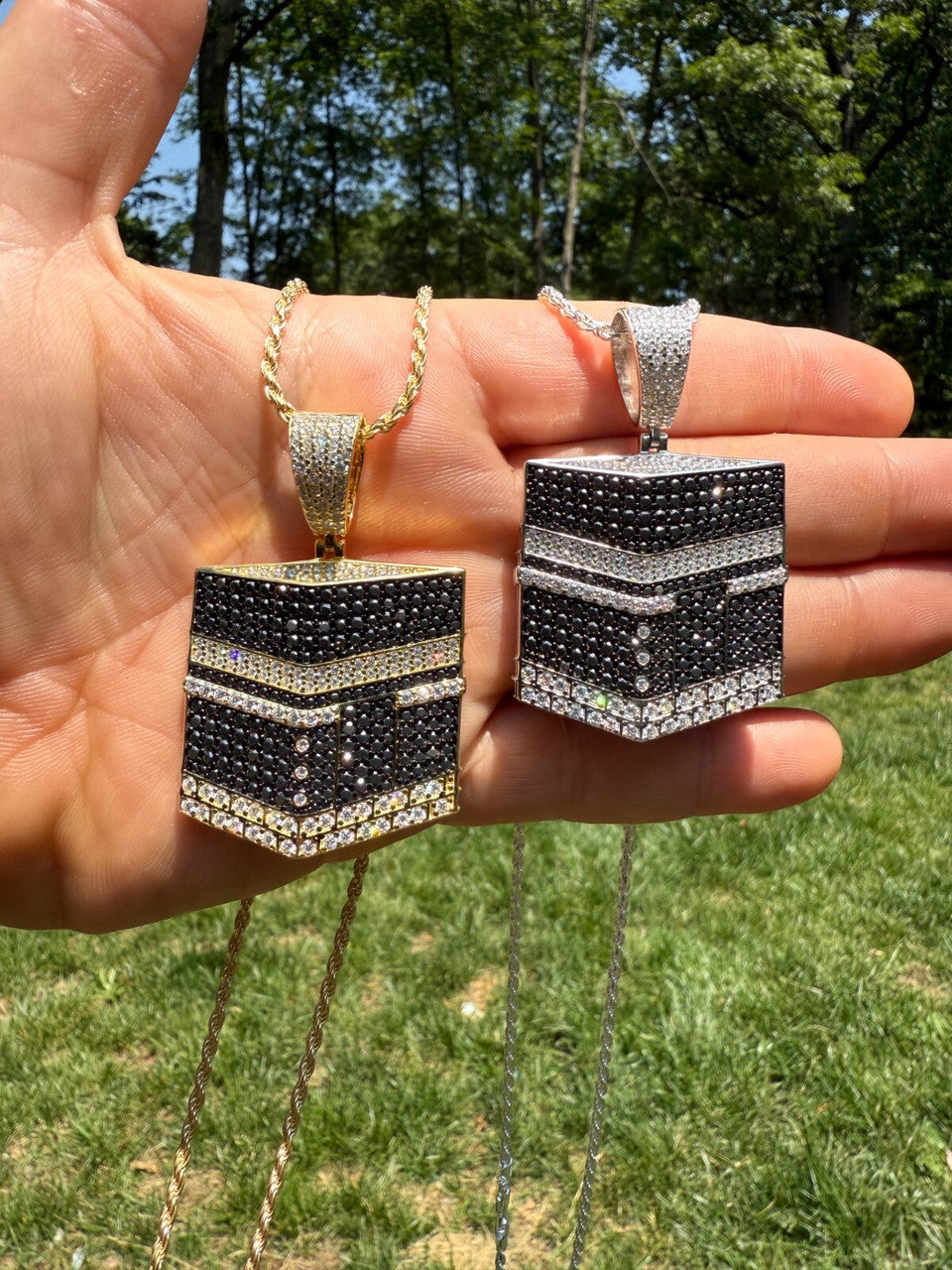 MOISSANITE Mecca Kaaba Pendant - 14k Gold Vermeil or 925 Silver - Large 2.25"