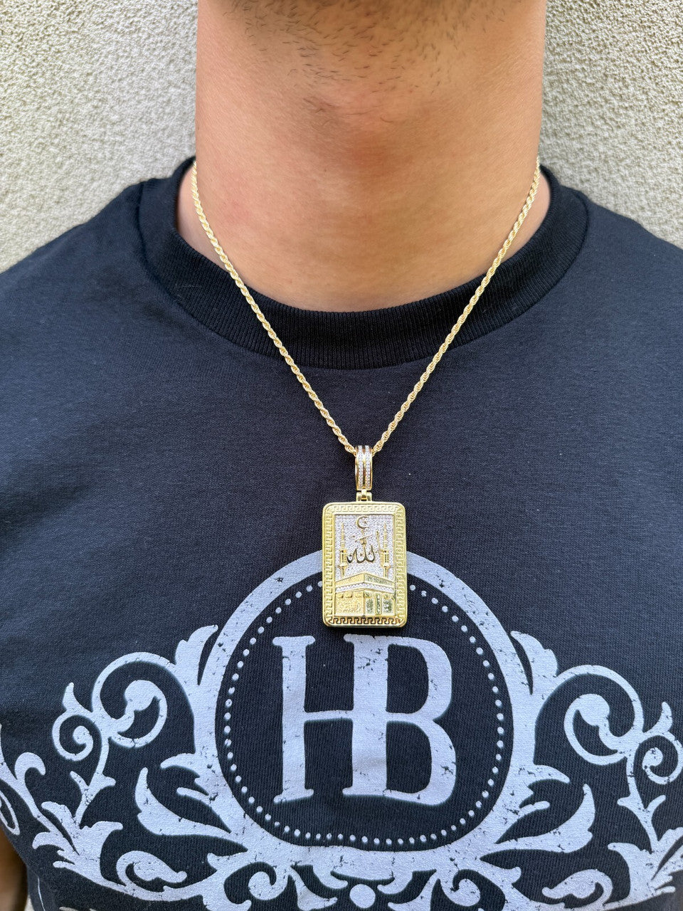 MOISSANITE Holy Kaaba & Allah Pendant - 14k Gold Vermeil or 925 Silver - Medium 2.25"