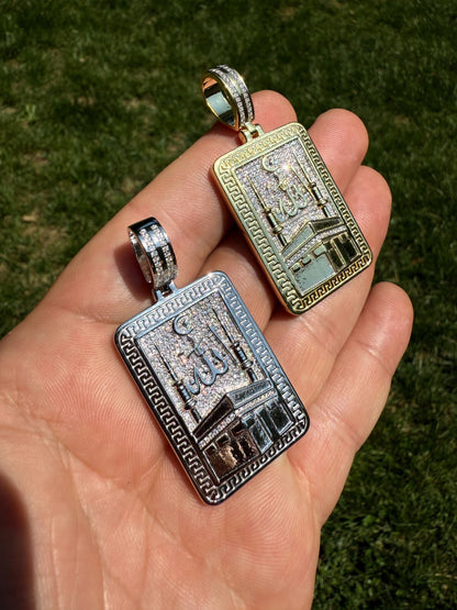 MOISSANITE Holy Kaaba & Allah Pendant - 14k Gold Vermeil or 925 Silver - Medium 2.25"
