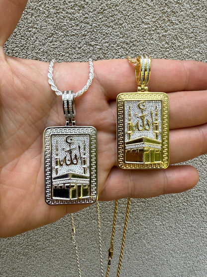 MOISSANITE Holy Kaaba & Allah Pendant - 14k Gold Vermeil or 925 Silver - Medium 2.25"