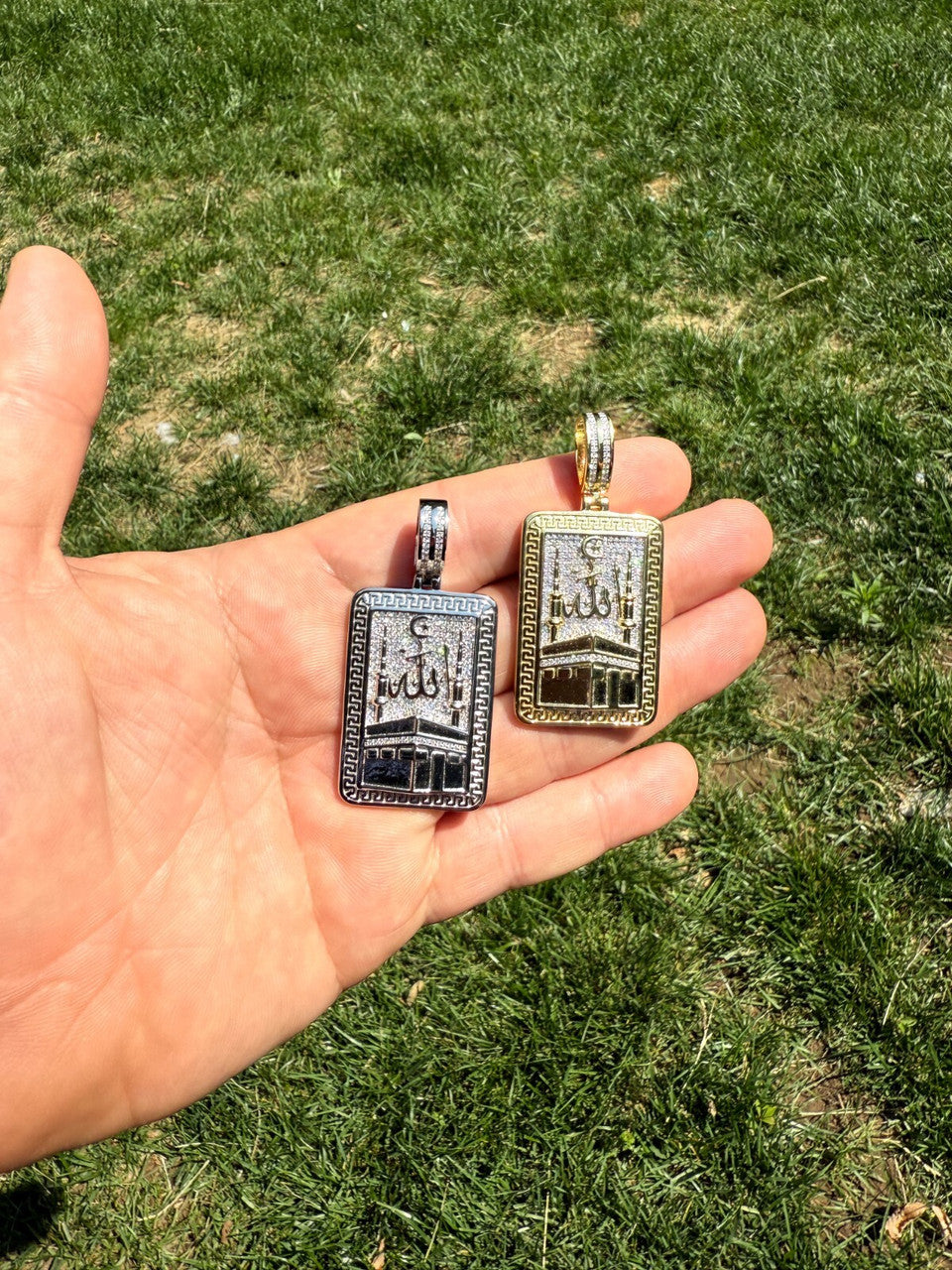 MOISSANITE Holy Kaaba & Allah Pendant - 14k Gold Vermeil or 925 Silver - Medium 2.25"