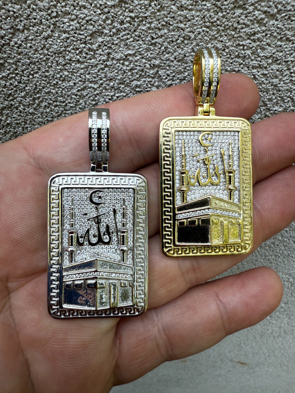 MOISSANITE Holy Kaaba & Allah Pendant - 14k Gold Vermeil or 925 Silver - Medium 2.25"