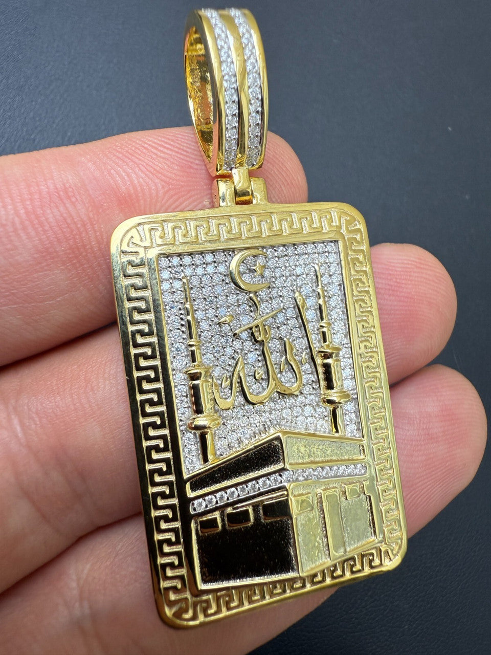 MOISSANITE Holy Kaaba & Allah Pendant - 14k Gold Vermeil or 925 Silver - Medium 2.25"