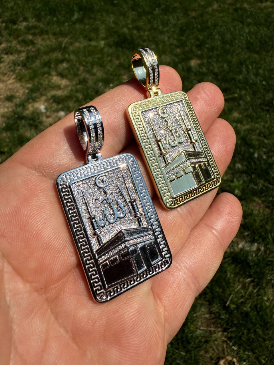 MOISSANITE Holy Kaaba & Allah Pendant - 14k Gold Vermeil or 925 Silver - Medium 2.25"