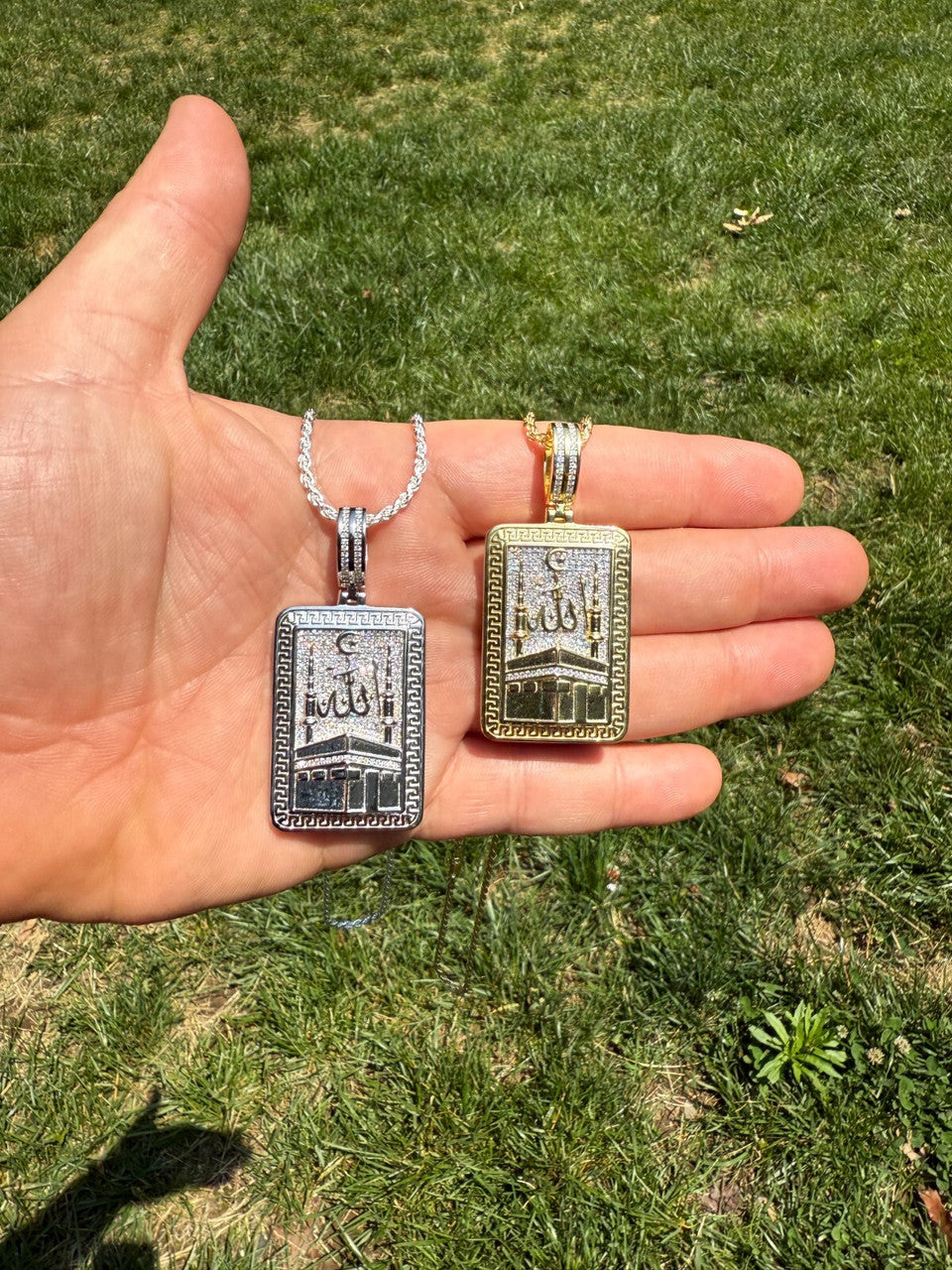 MOISSANITE Holy Kaaba & Allah Pendant - 14k Gold Vermeil or 925 Silver - Medium 2.25"