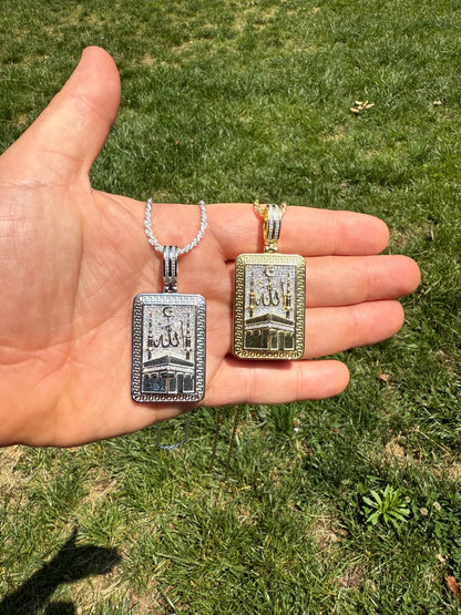 MOISSANITE Holy Kaaba & Allah Pendant - 14k Gold Vermeil or 925 Silver - Medium 2.25"