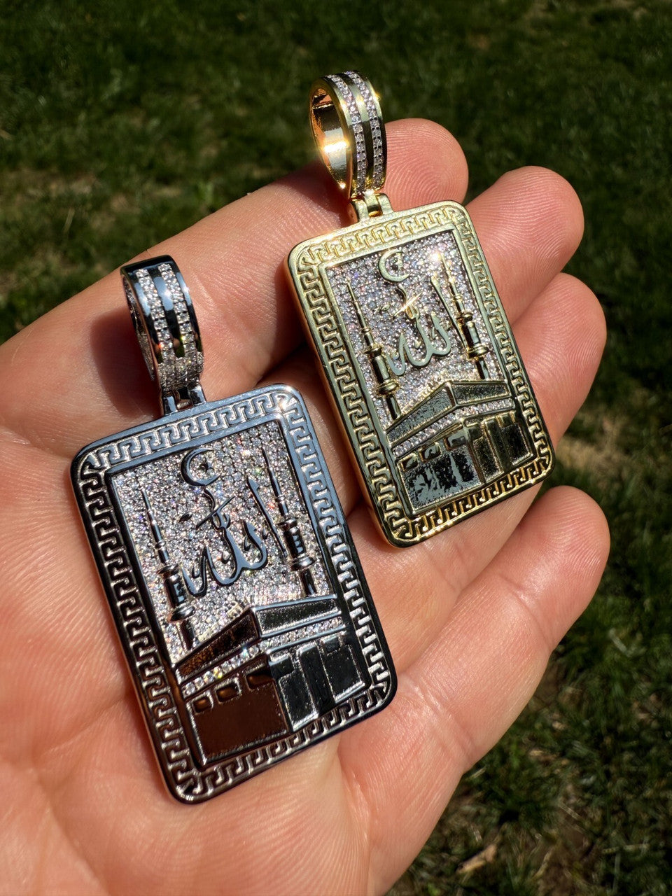 MOISSANITE Holy Kaaba & Allah Pendant - 14k Gold Vermeil or 925 Silver - Medium 2.25"