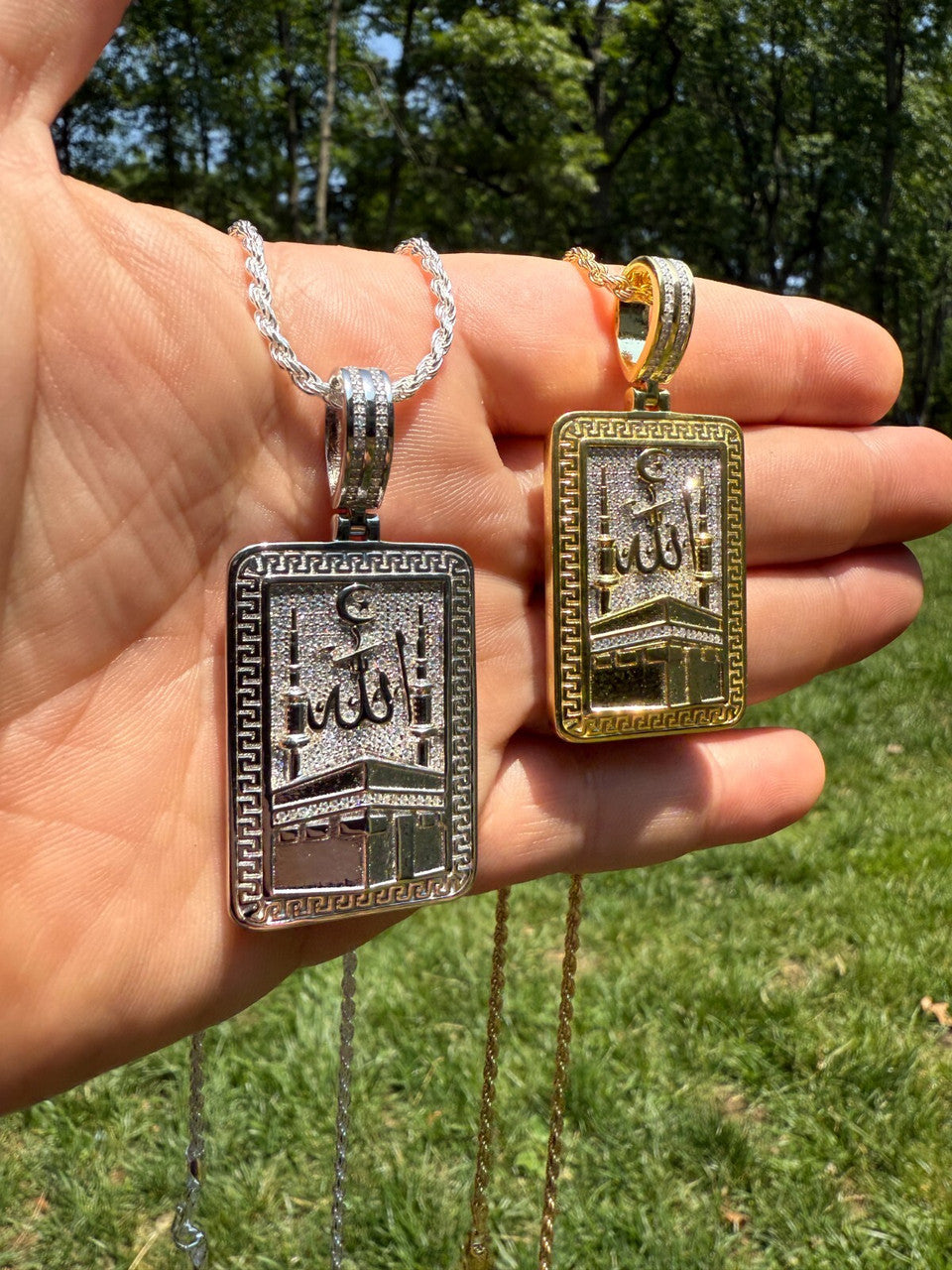 MOISSANITE Holy Kaaba & Allah Pendant - 14k Gold Vermeil or 925 Silver - Medium 2.25"