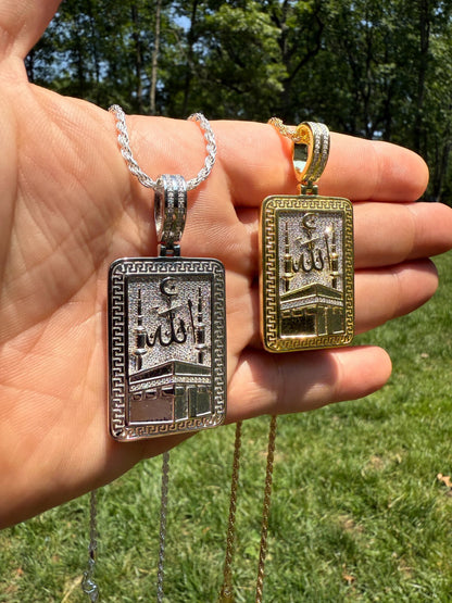 MOISSANITE Holy Kaaba & Allah Pendant - 14k Gold Vermeil or 925 Silver - Medium 2.25"
