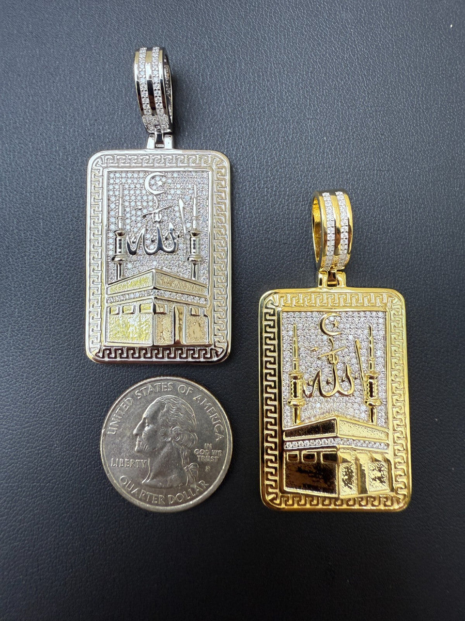 MOISSANITE Holy Kaaba & Allah Pendant - 14k Gold Vermeil or 925 Silver - Medium 2.25"