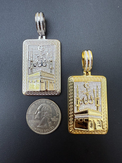 MOISSANITE Holy Kaaba & Allah Pendant - 14k Gold Vermeil or 925 Silver - Medium 2.25"