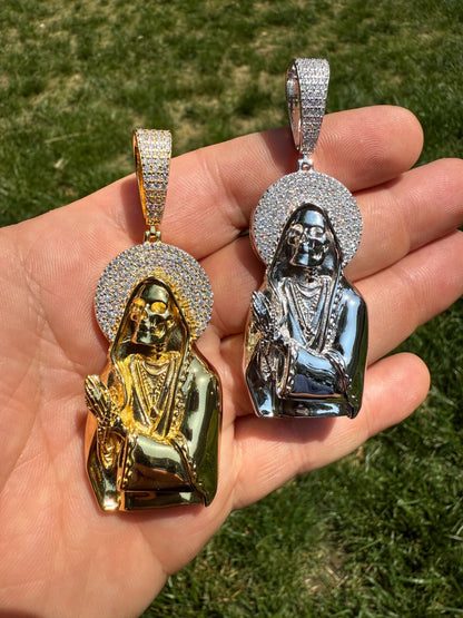 MOISSANITE Praying Grim Reaper Pendant - 14k Gold Vermeil or 925 Silver - Large 3"