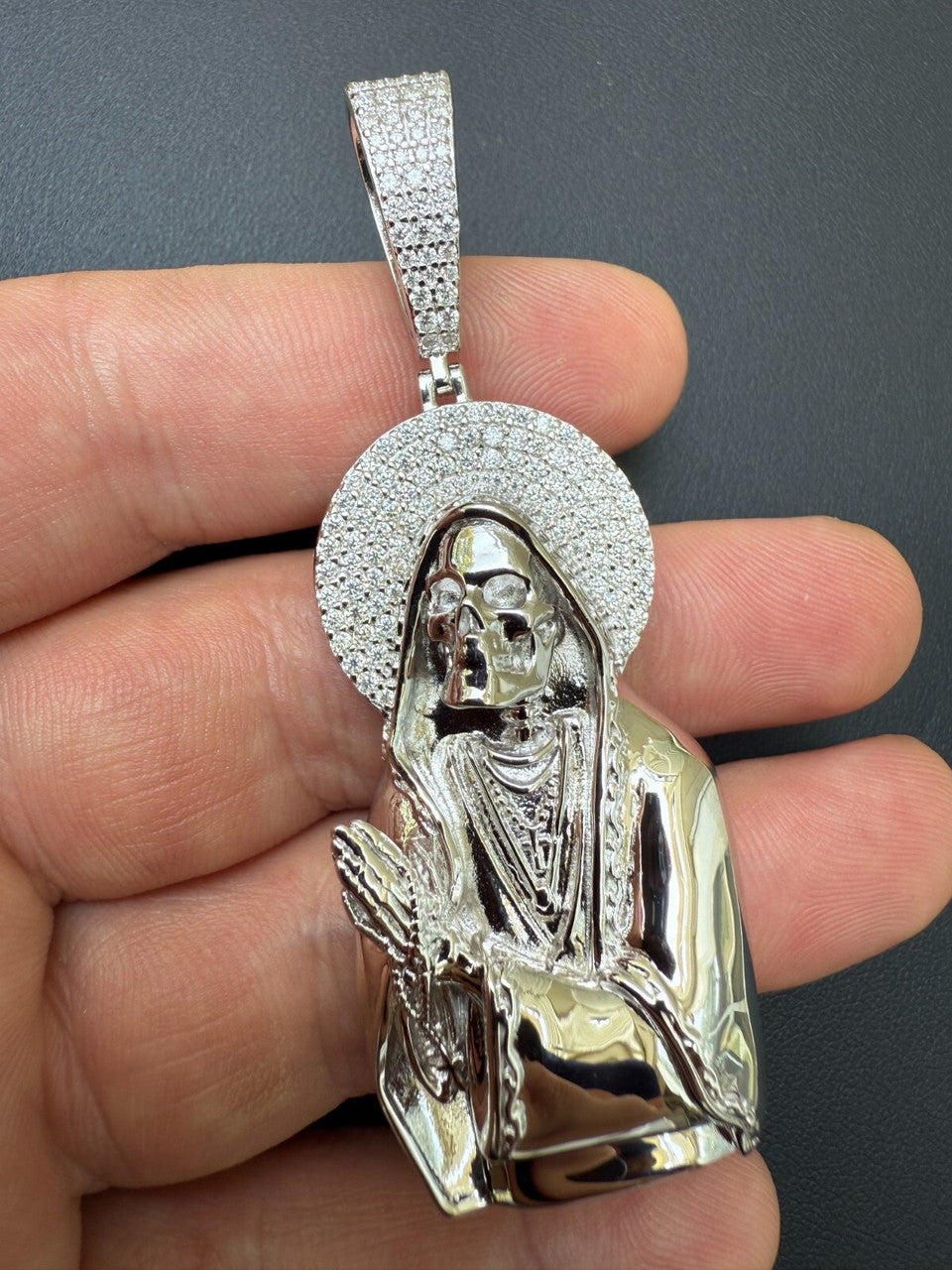 MOISSANITE Praying Grim Reaper Pendant - 14k Gold Vermeil or 925 Silver - Large 3"