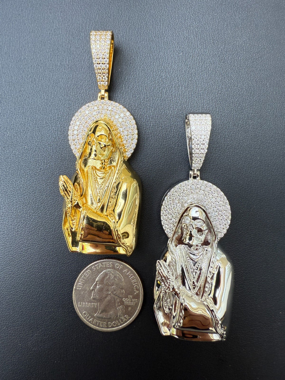 MOISSANITE Praying Grim Reaper Pendant - 14k Gold Vermeil or 925 Silver - Large 3"