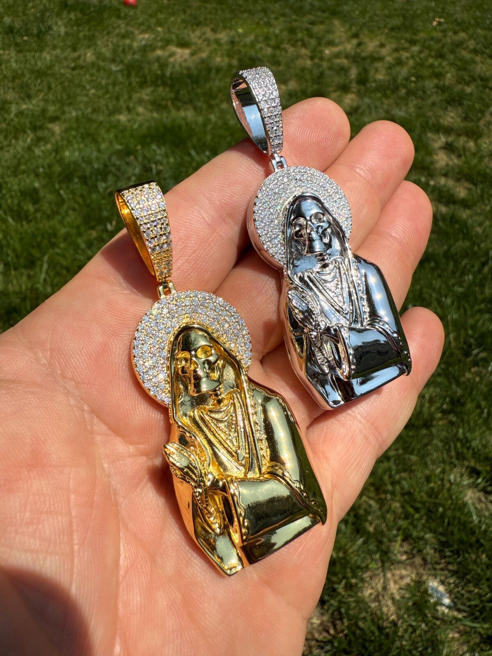 MOISSANITE Praying Grim Reaper Pendant - 14k Gold Vermeil or 925 Silver - Large 3"