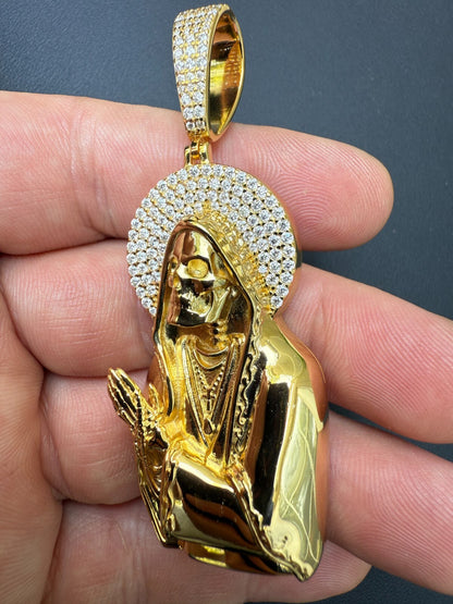 MOISSANITE Praying Grim Reaper Pendant - 14k Gold Vermeil or 925 Silver - Large 3"