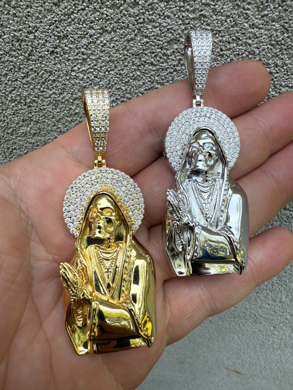 MOISSANITE Praying Grim Reaper Pendant - 14k Gold Vermeil or 925 Silver - Large 3"