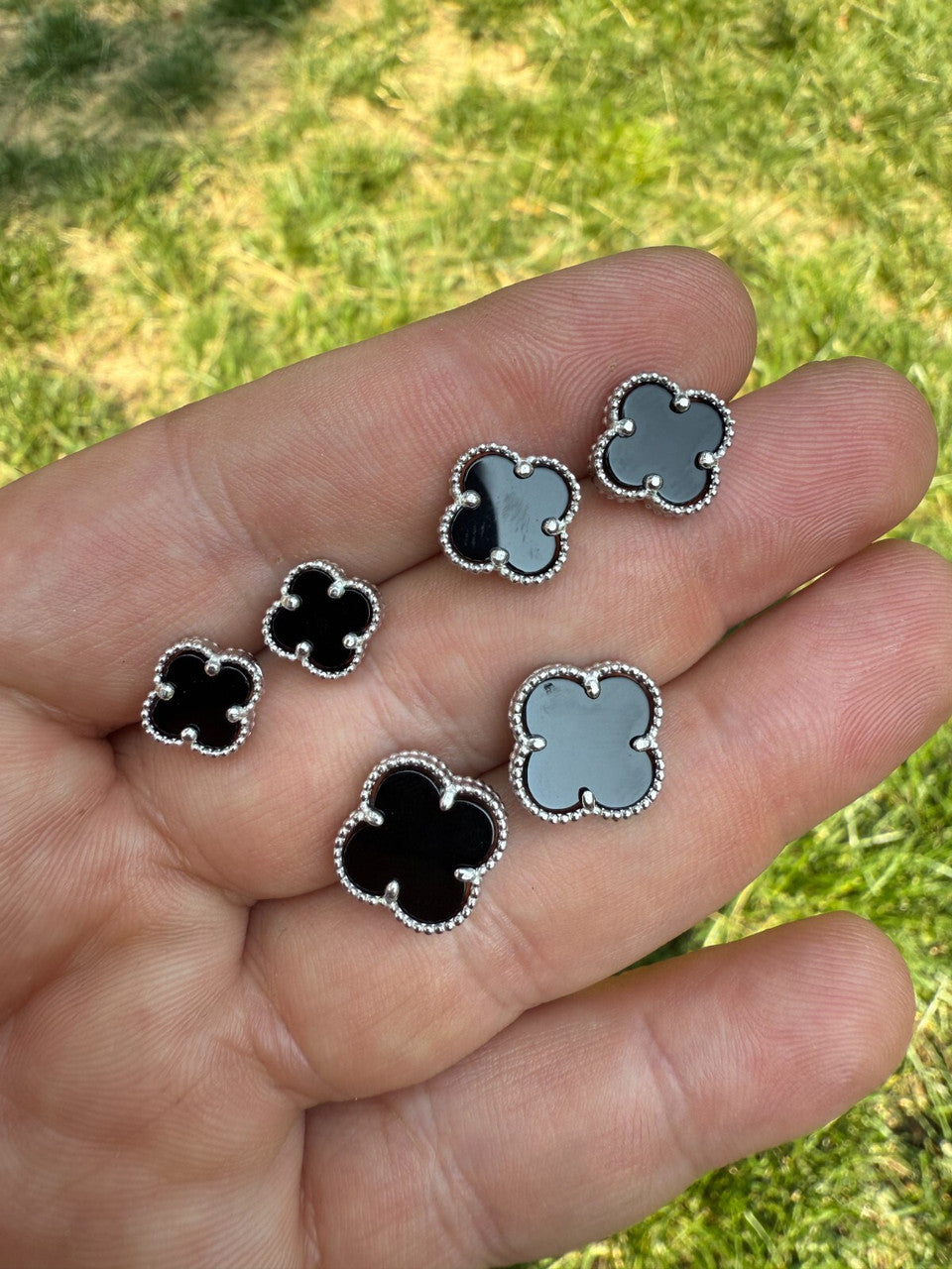 Black Onyx Clover Earrings - 925 Silver - 8mm-12mm