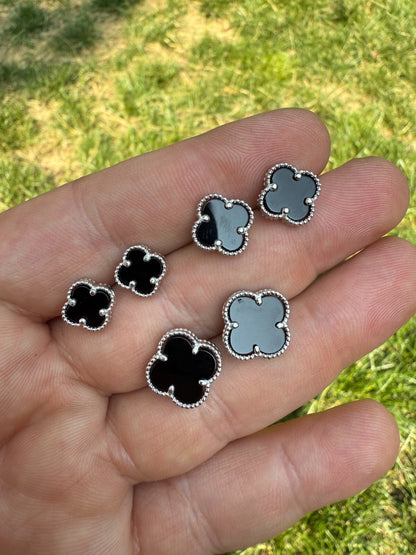 Black Onyx Clover Earrings - 925 Silver - 8mm-12mm