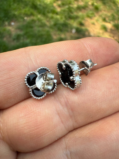 Black Onyx Clover Earrings - 925 Silver - 8mm-12mm