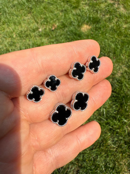 Black Onyx Clover Earrings - 925 Silver - 8mm-12mm