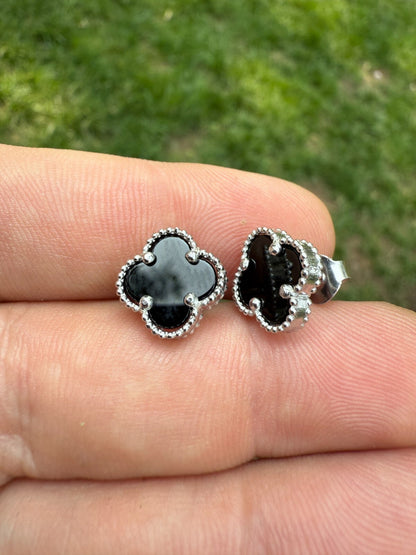 Black Onyx Clover Earrings - 925 Silver - 8mm-12mm