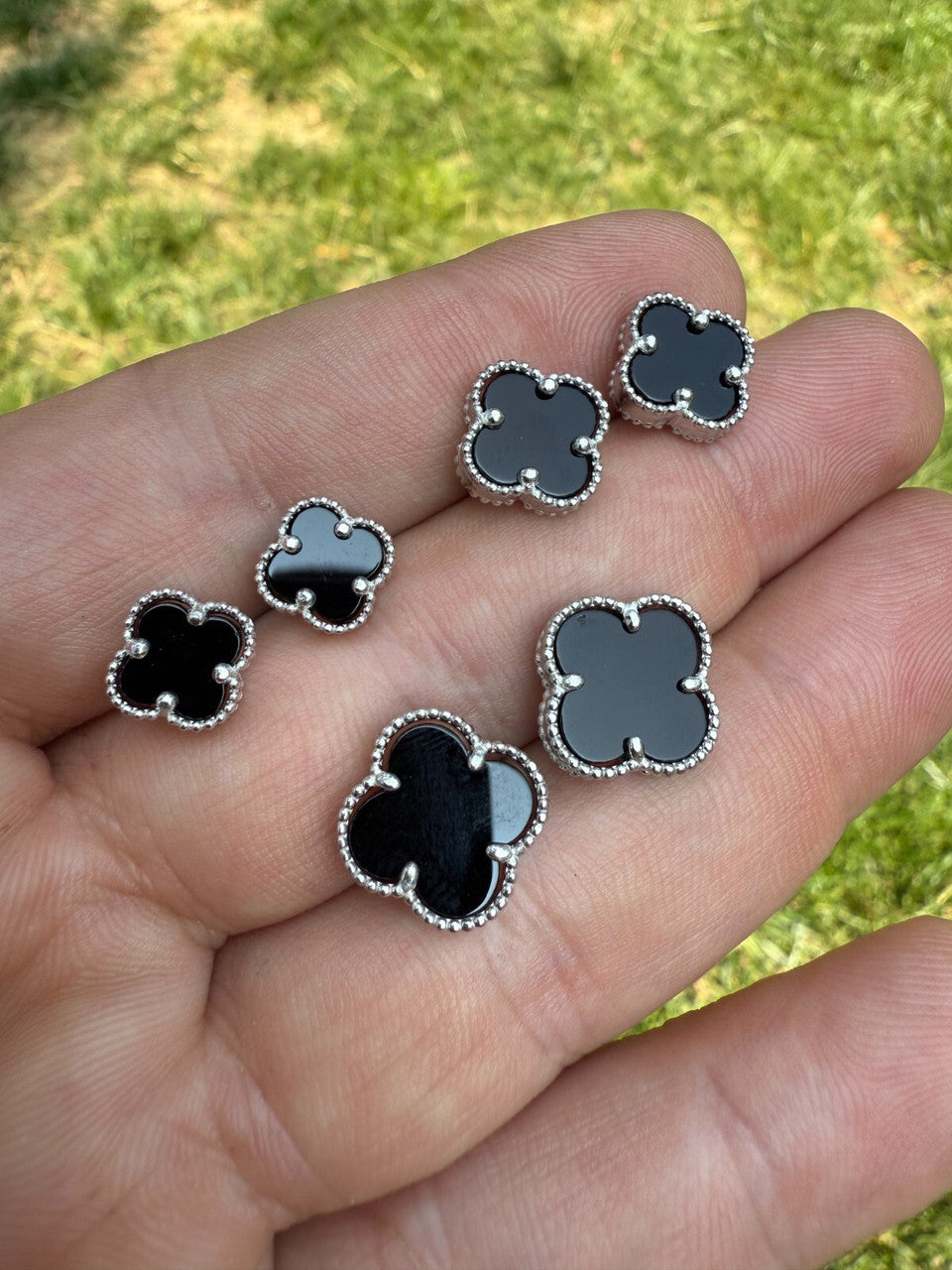 Black Onyx Clover Earrings - 925 Silver - 8mm-12mm