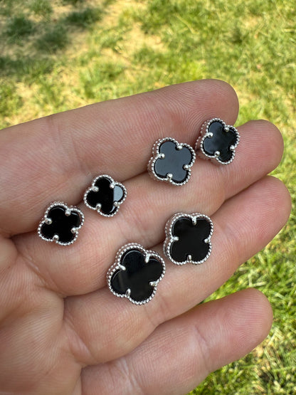 Black Onyx Clover Earrings - 925 Silver - 8mm-12mm