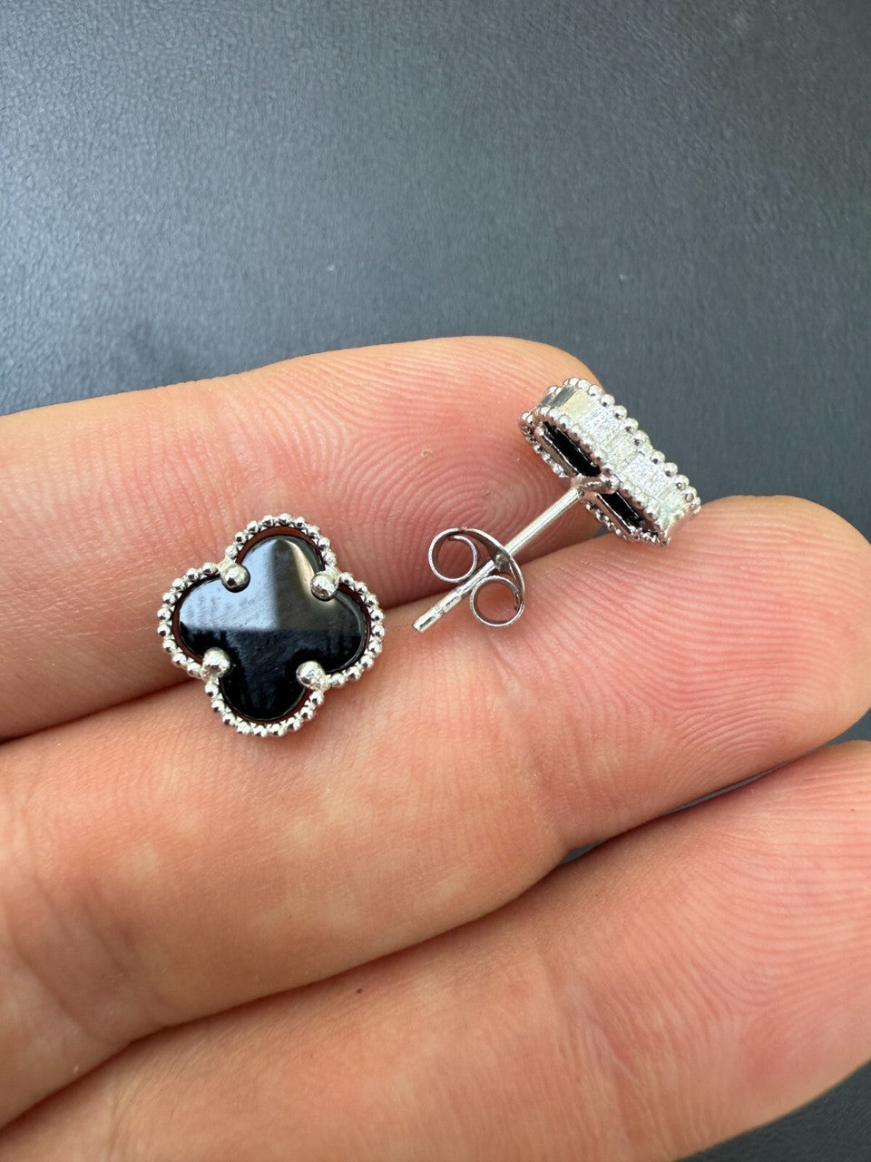 Black Onyx Clover Earrings - 925 Silver - 8mm-12mm