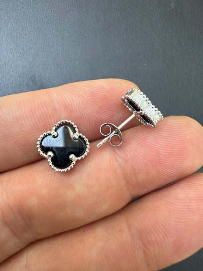 Black Onyx Clover Earrings - 925 Silver - 8mm-12mm