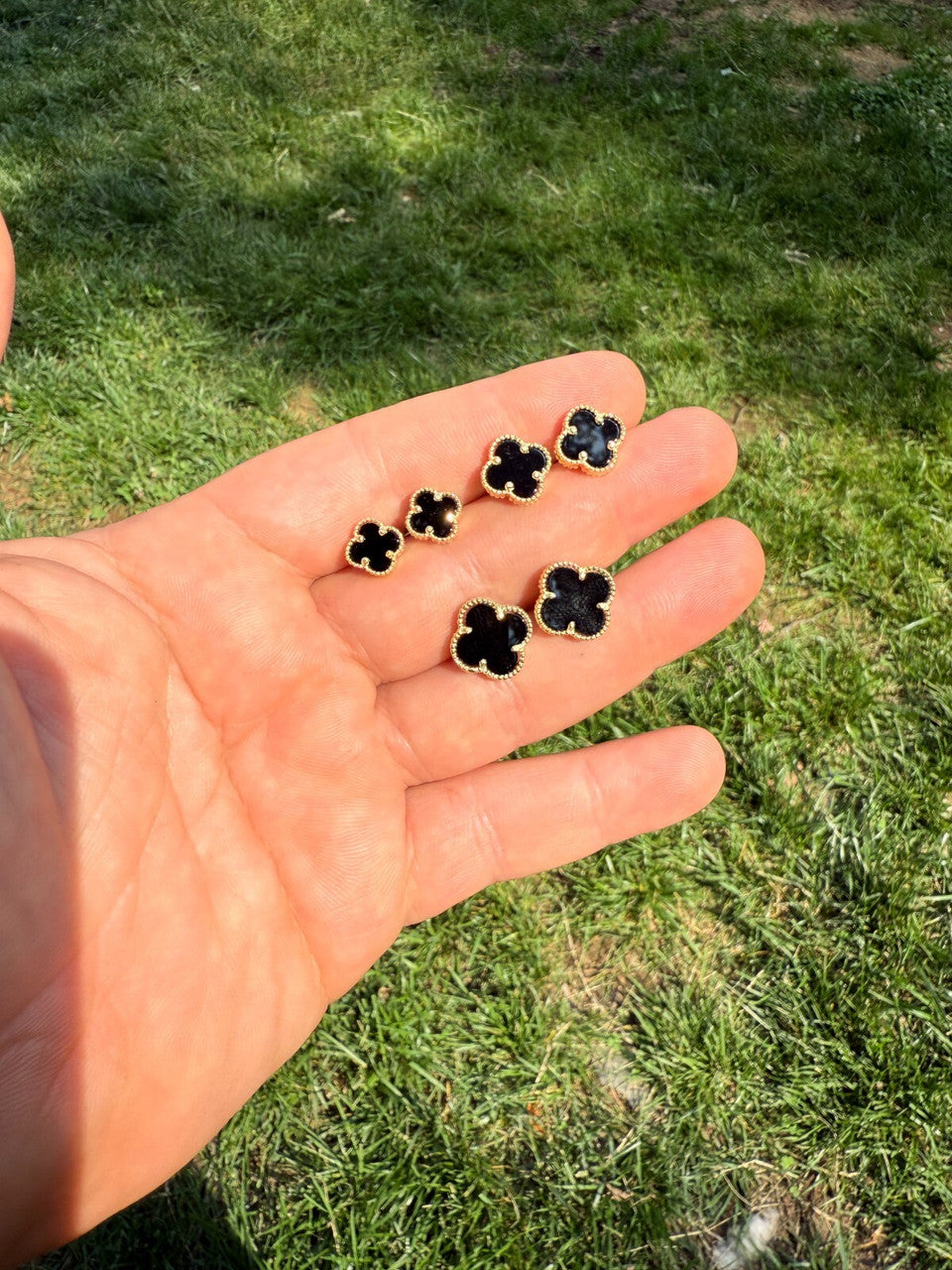 Black Onyx Clover Earrings - 14k Gold Vermeil 925 Silver - 8mm-12mm