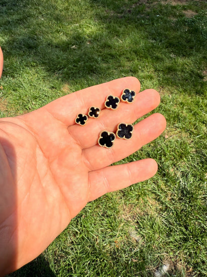 Black Onyx Clover Earrings - 14k Gold Vermeil 925 Silver - 8mm-12mm