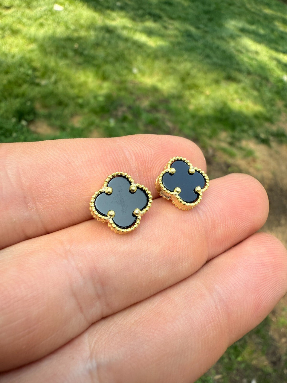 Black Onyx Clover Earrings - 14k Gold Vermeil 925 Silver - 8mm-12mm
