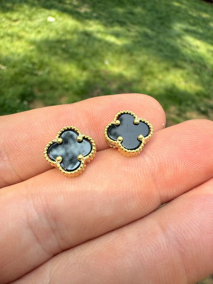 Black Onyx Clover Earrings - 14k Gold Vermeil 925 Silver - 8mm-12mm