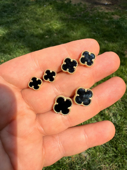 Black Onyx Clover Earrings - 14k Gold Vermeil 925 Silver - 8mm-12mm