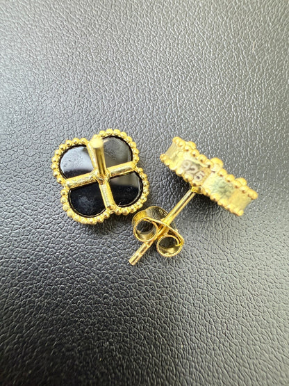 Black Onyx Clover Earrings - 14k Gold Vermeil 925 Silver - 8mm-12mm