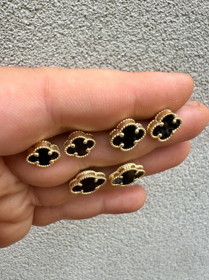Black Onyx Clover Earrings - 14k Gold Vermeil 925 Silver - 8mm-12mm