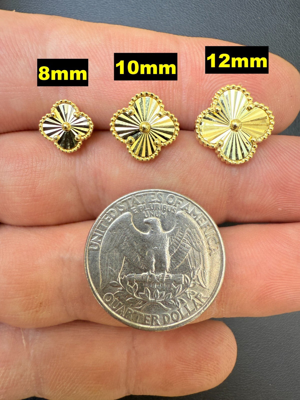 Diamond Cut Clover Earrings - 14k Gold Vermeil 925 Silver - 8mm-12mm