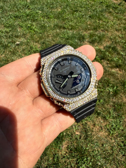 MOISSANITE Real 14k Gold Over 925 Silver Iced Casio G Shock GA2100 Hip Hop Watch