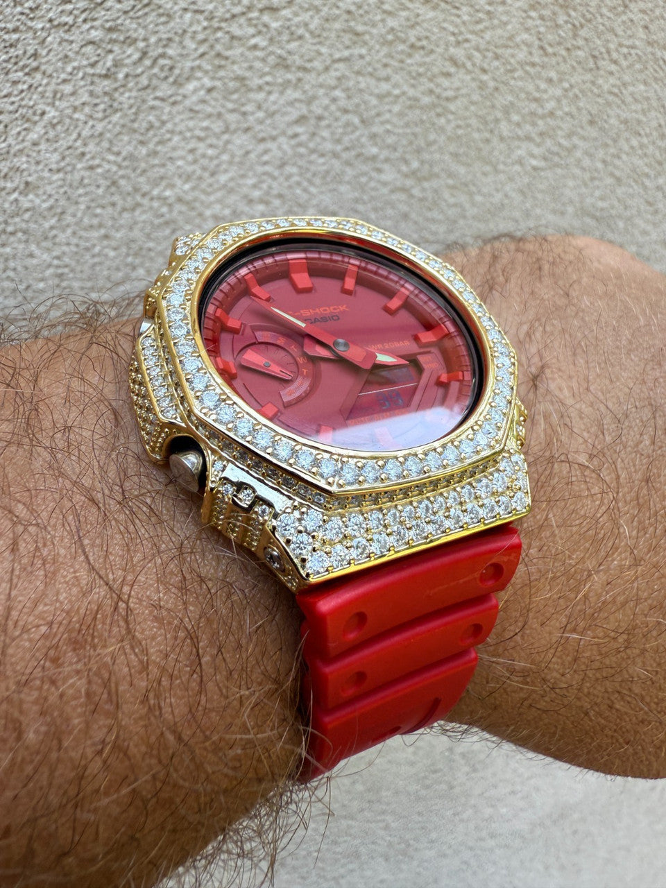 MOISSANITE Real 14k Gold Over 925 Silver Iced Red Casio G Shock GA2100 Watch