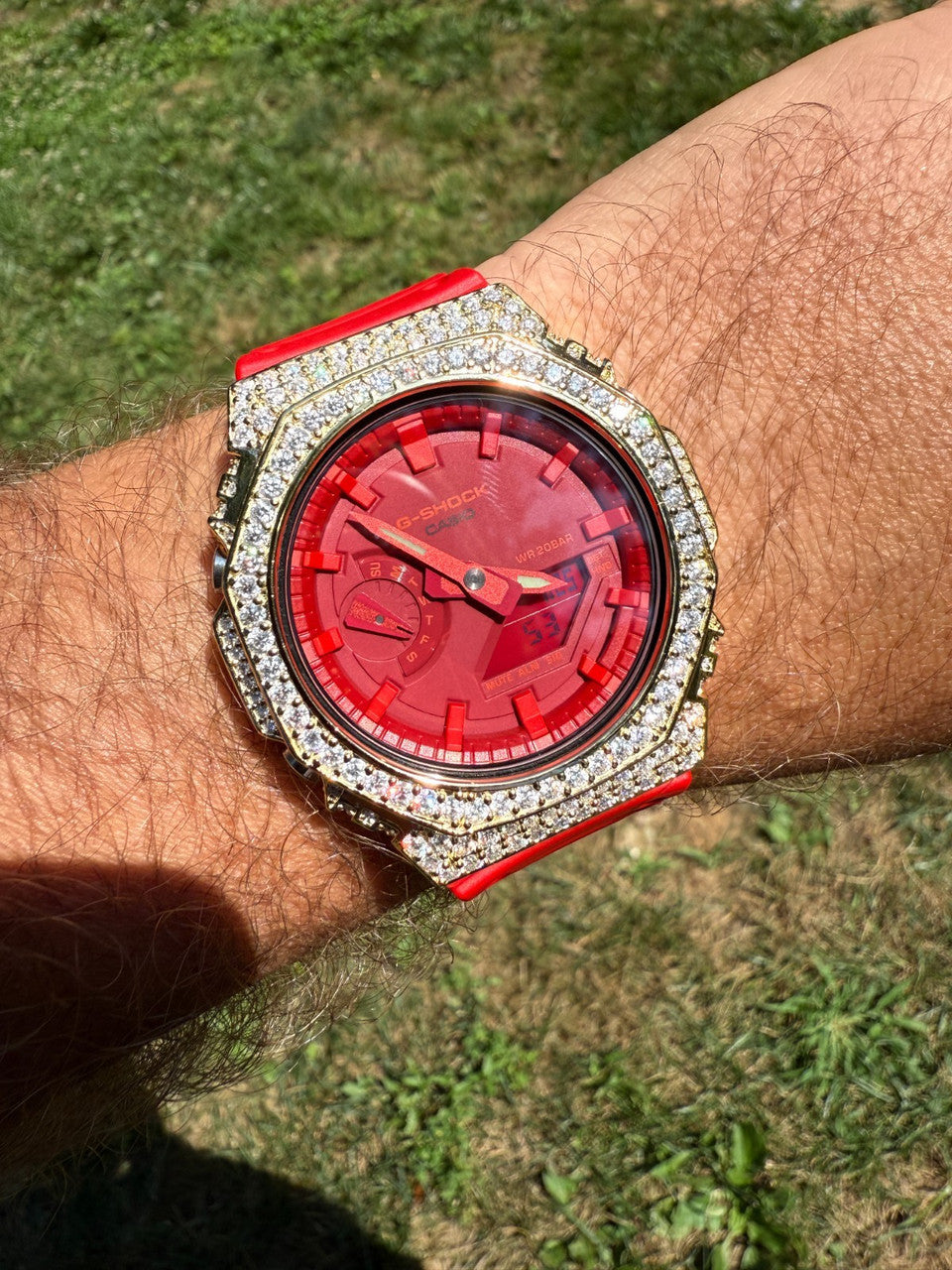 MOISSANITE Real 14k Gold Over 925 Silver Iced Red Casio G Shock GA2100 Watch