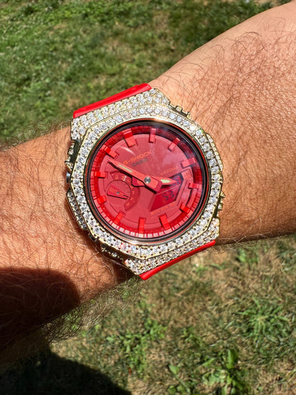 MOISSANITE Real 14k Gold Over 925 Silver Iced Red Casio G Shock GA2100 Watch