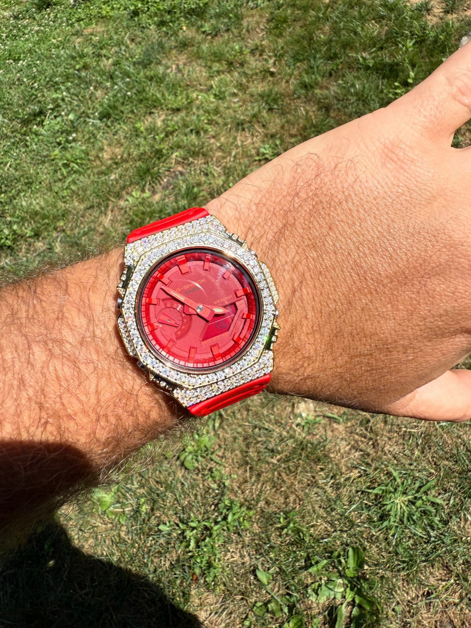 MOISSANITE Real 14k Gold Over 925 Silver Iced Red Casio G Shock GA2100 Watch